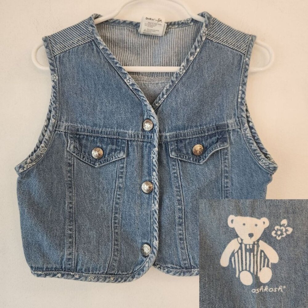 Vintage Oshkosh Denim Vest Jean Jacket Teddy Bear Print Girls 4-6